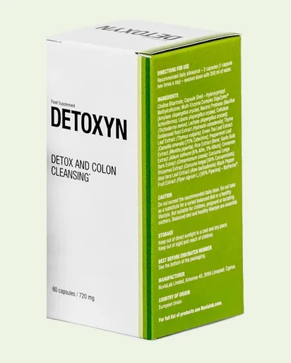 Detoxyn Faltschachtel mit Verzehrempfehlung und vollständiger Zutatenliste
